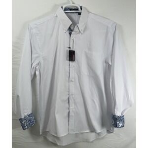 NWT Men's Hisdern Formal Wear Long Sleeve Button White Shirt Blue Paisley Cuff M